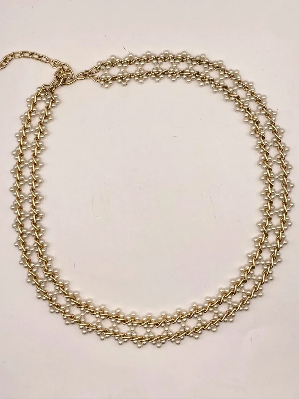 Vintage 1980s Gold Tone Faux Pearl Chain Belt Wide Adjustable Statement Belt